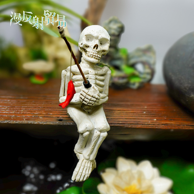 Esqueleto pesca pecera decoración de resina plantas verdes bonsai borde micro paisaje decoración artesanía