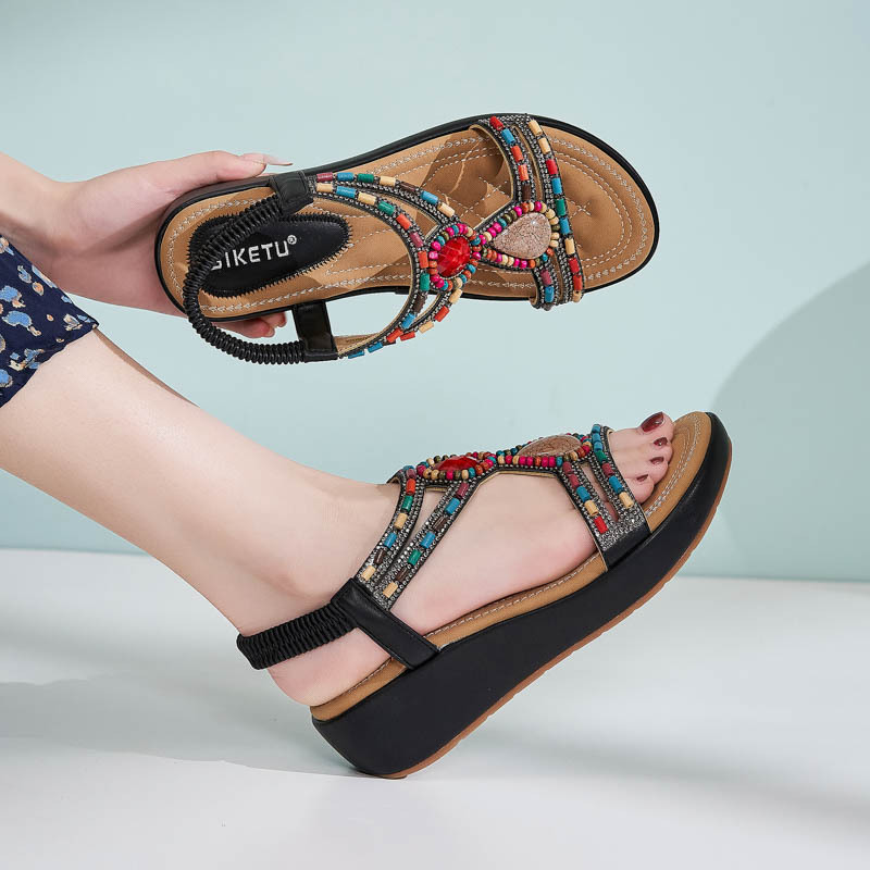 U670 - 1 nuevo estilo 2025 nacional de onda retro semia cuentas elásticas de diamante de agua tacones sandalias mujeres