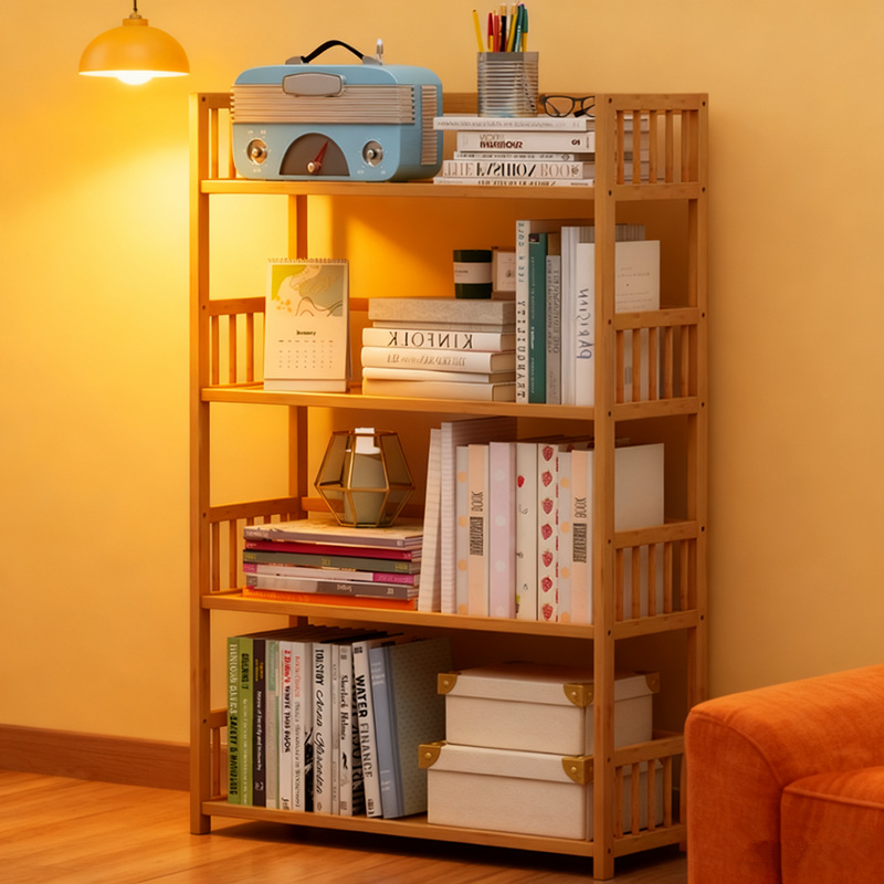 Simple Bookshelf Floor-Standing Storage Rack Office Home Storage Rack Kidsren's Student Bookcase Living Room Study Bamboo