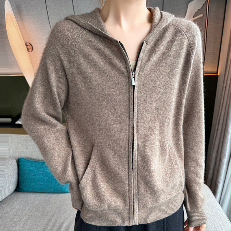 New Autumn and Winter Women's Loose Hooded Knitwear, Thick Cashmere Sweater, Elegant Zipper Outer Cardigan, Korean Style