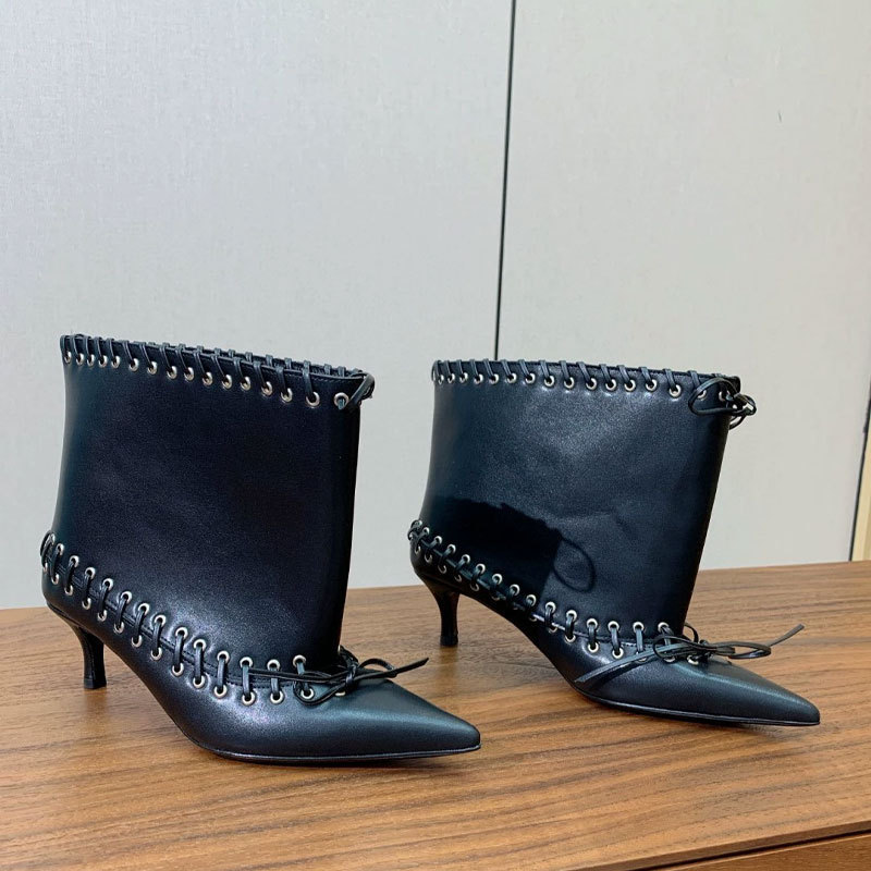 European and American Foreign Trade Autumn and Winter New Retro Lace-Up Wide Calf Rivet Pointed Toe Slip-On Thin Mid-Heel Fashion Women's Boots European and American Foreign Trade Autumn and Winter New Retro Lace-Up Wide Calf Rivet Pointed Toe Slip-On Thin Mid-Heel Fashion Women's Boots