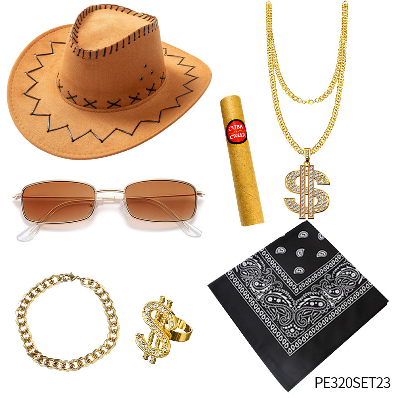 PESENAR Festival Prom Western Cowboy Sombrero Anacardo Hip Hop Pañuelo cuadrado Barba falsa Sombrero de cigarro Sombrero Vestir