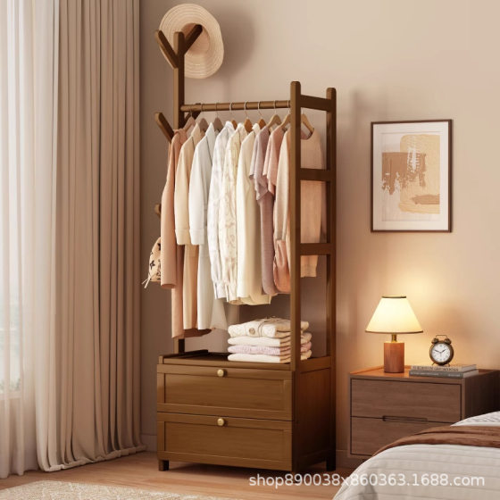 Clothes Hanger Floor Bedroom Household Storage with Storage Cabinet Bedside Clothes Night Solid Wood Multifunctional Coat Rack