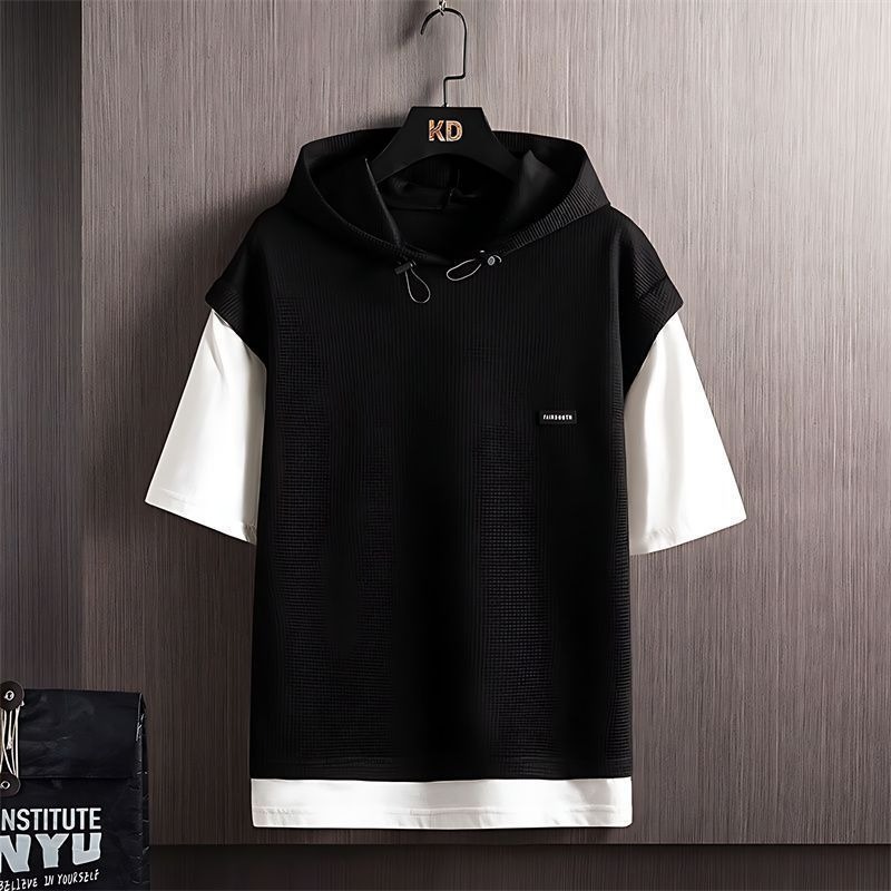Men's Oversized Waffle Knit Short Sleeve Hoodie And Shorts Set Casual Coordinated Summer Streetwear Fake Two-Piece Outfit_viptrois.com