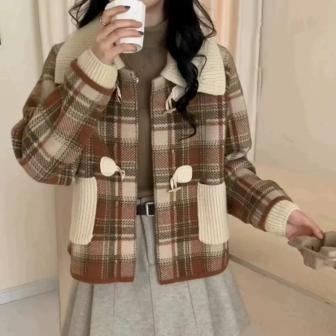 欧货小香风短款格子仿毛呢大衣外套女小个子2025春秋可拆领子开衫