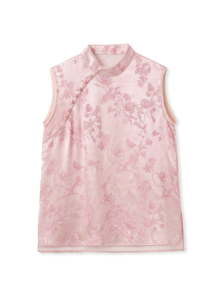 Áo vest không tay cổ đứng họa tiết jacquard phong cách tân cổ điển mùa hè 2026 — Màu hồng, Màu mơ