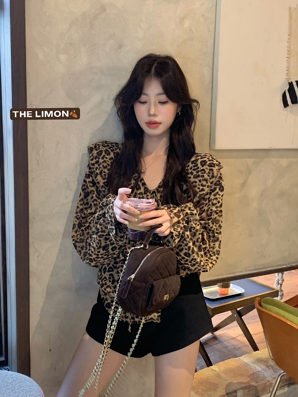 THE LIMON柠檬绿茶秋装女松弛感豹纹慵懒休闲荷叶边长袖小衫上衣|undefined