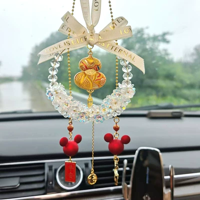 Car hanging — mirror decoration, women's safety - white-crystal-lily-of-the-valley-gold-embroidered-gourd-ornament-mickey