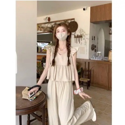 Salt Series Fashionable Set for Women's Summer New Style Casual Wide Leg Pants with High Waist and Short Sleeve Doll Shirt 