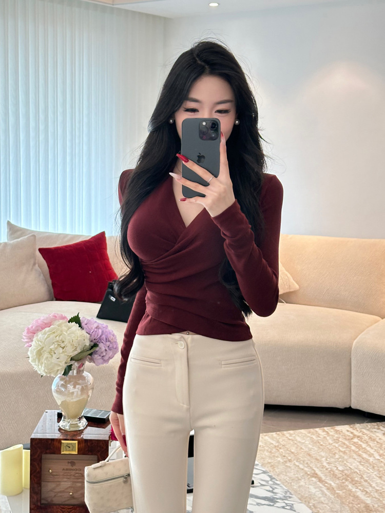 早秋纯欲辣妹V领长袖t恤女秋冬轻熟性感修身褶皱收腰显瘦打底内搭