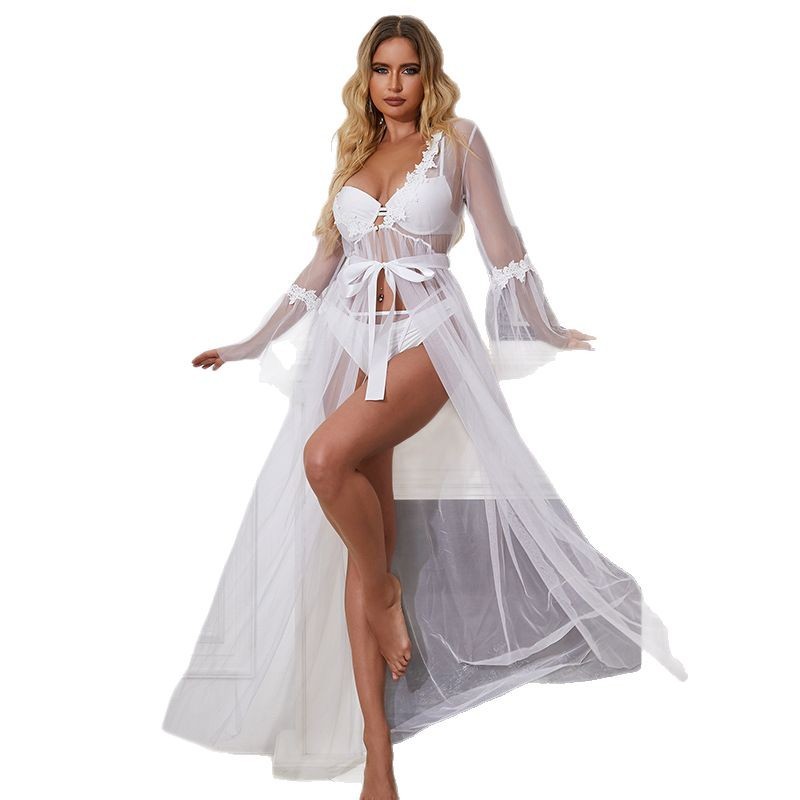 Comercio exterior europeo y americano más tamaño lencería sexy en stock sexy encaje malla perspectiva largo camisón transfronterizo entrega de una sola pieza