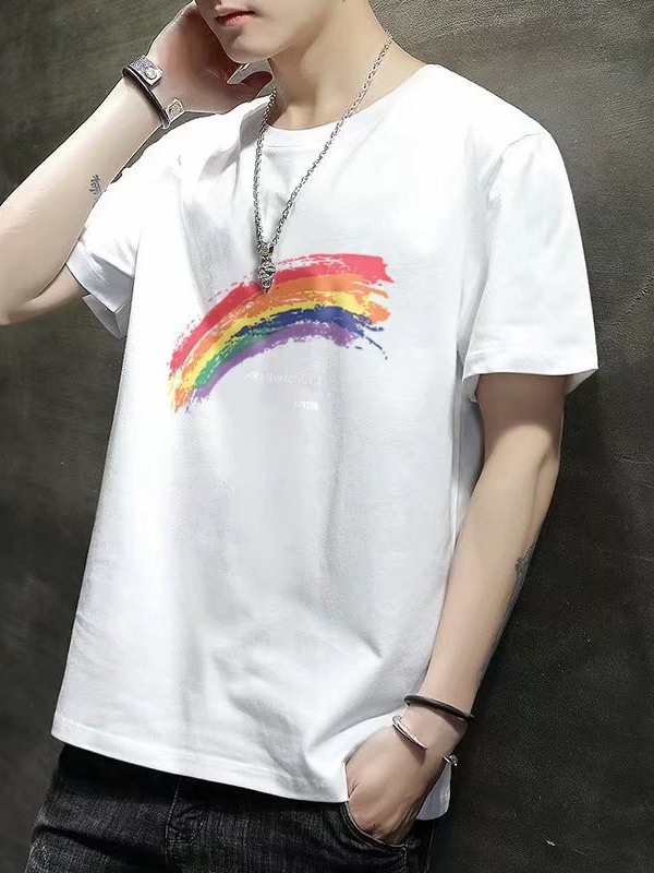 Todo fósforo Wukong está en stock marca de moda estilo de Hong Kong estampado de arco iris manga corta hombre hip-hop calle suelta ins pareja camiseta top