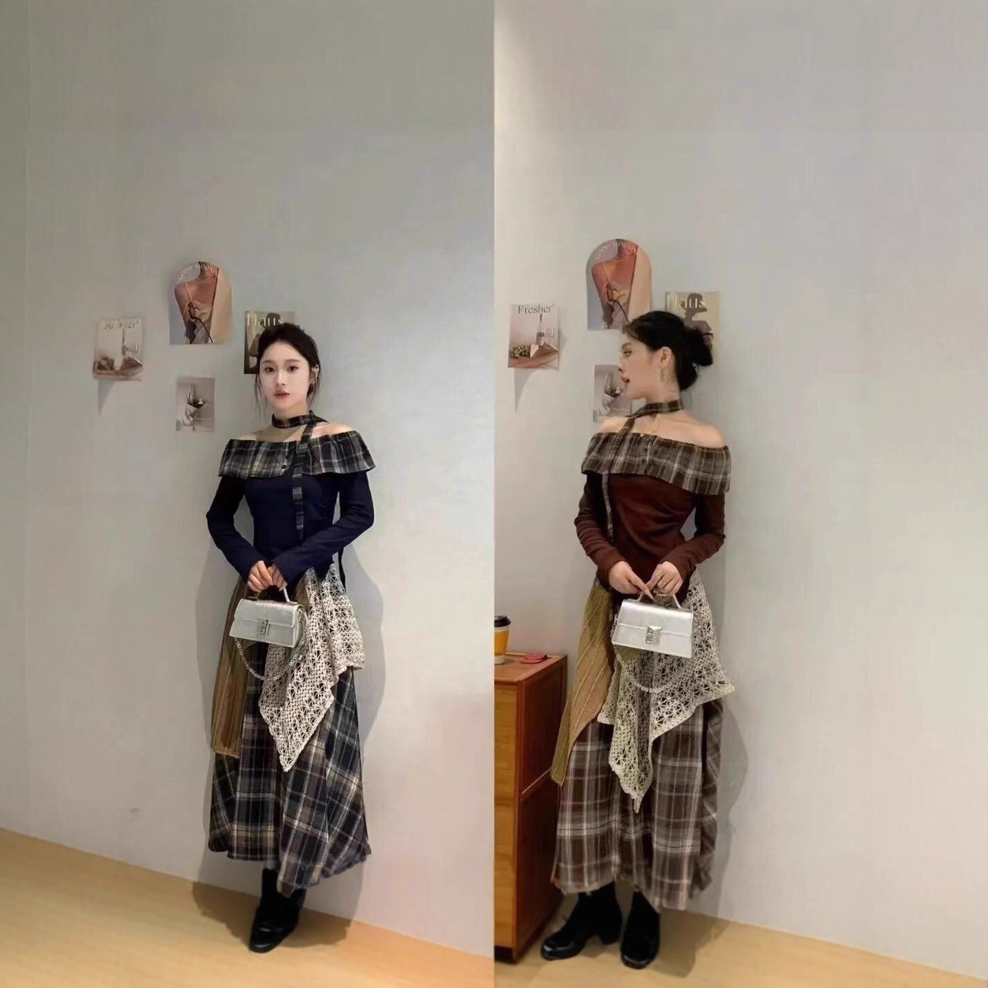 单/套装夏新韩版度假风一字肩上衣+格子半身裙+挂脖带子三件套女