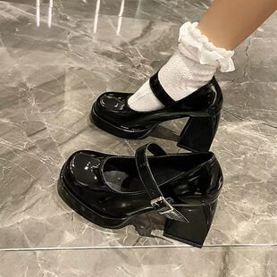 2025 Mary Jane Shoes Thick Heel Waterproof Platform Thick Sole Heightening Japanese Style Sexy Black Elegant French High Heel Barbie Shoes