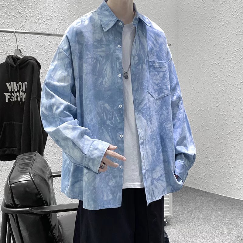 Tie-dyed Shirt Men's Long-sleeved Design Sense Hong Kong-style Casual Top Salt-style Fried Street Spring and Autumn Printed Shirt Jacket Men's Clothing