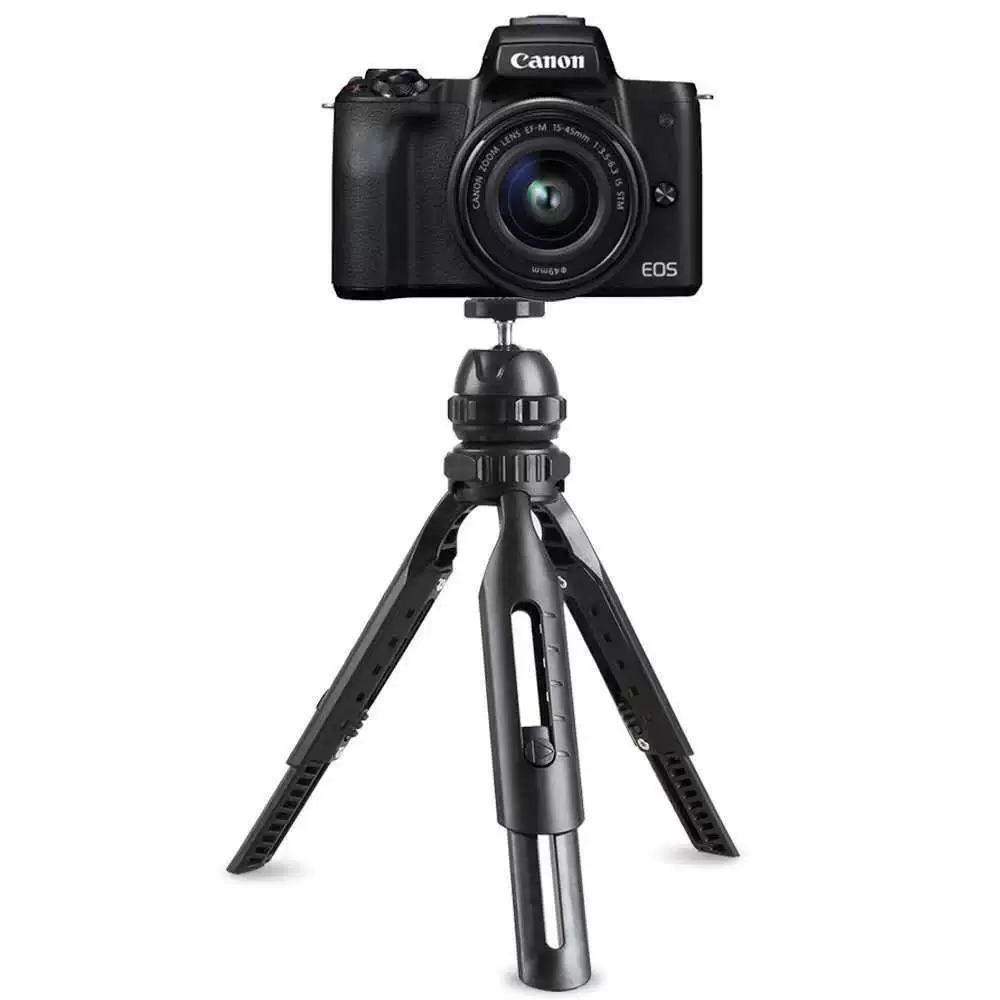 Desktop Tripod Telescopic Folding Table Stand, Adjustable 15–25 cm, 360° Ball Head, 1/4" Thread