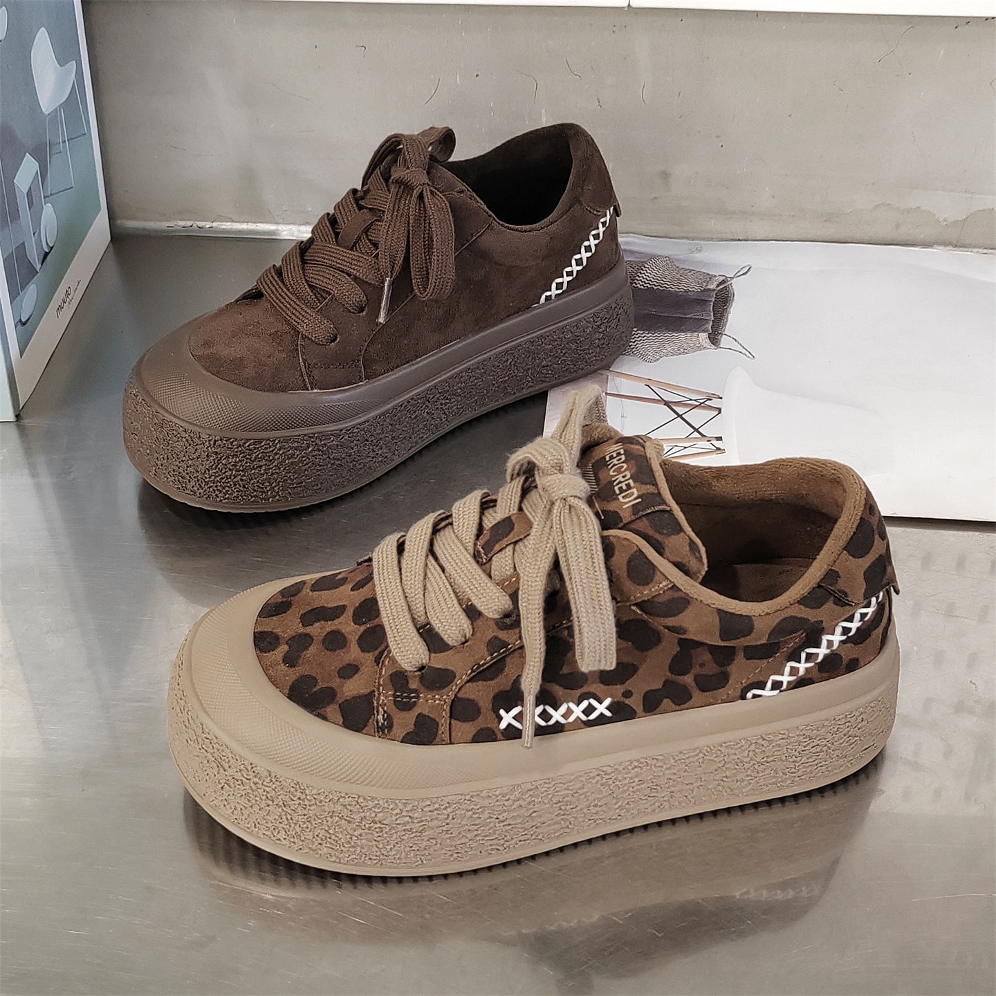 豹纹鞋女2025秋冬新款加绒女鞋休闲厚底丑萌鞋子大头棉鞋百搭板鞋