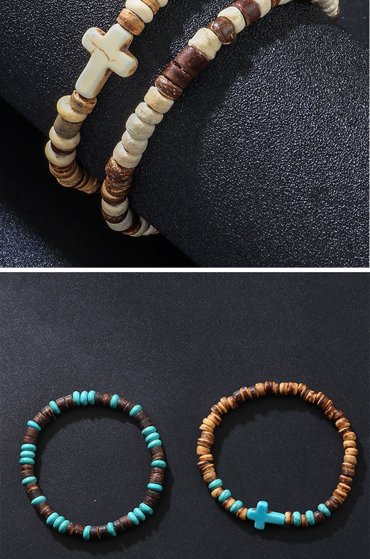 Casual Retro Cross Wooden Beads Turquoise Unisex Bracelets display picture 2