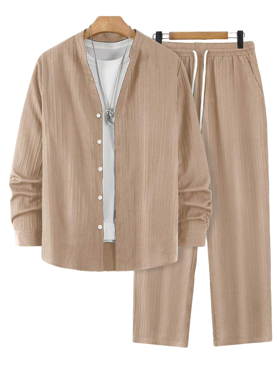 Transfronterizo Amazon nueva primavera y otoño delgada camisa de manga larga de color sólido sin cuello para hombre juego de dos piezas deportivas casuales