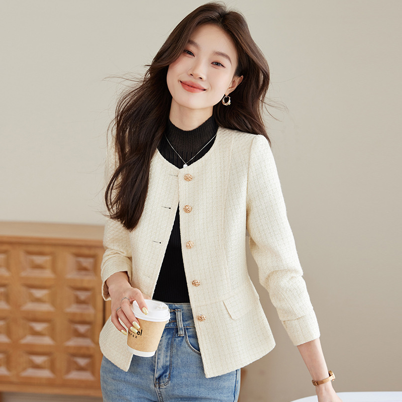 Apricot Round Neck Blazer for Women, High-End, Petite, Tweed, Small Fragrance, Slim Fit, Ladylike Small Suit