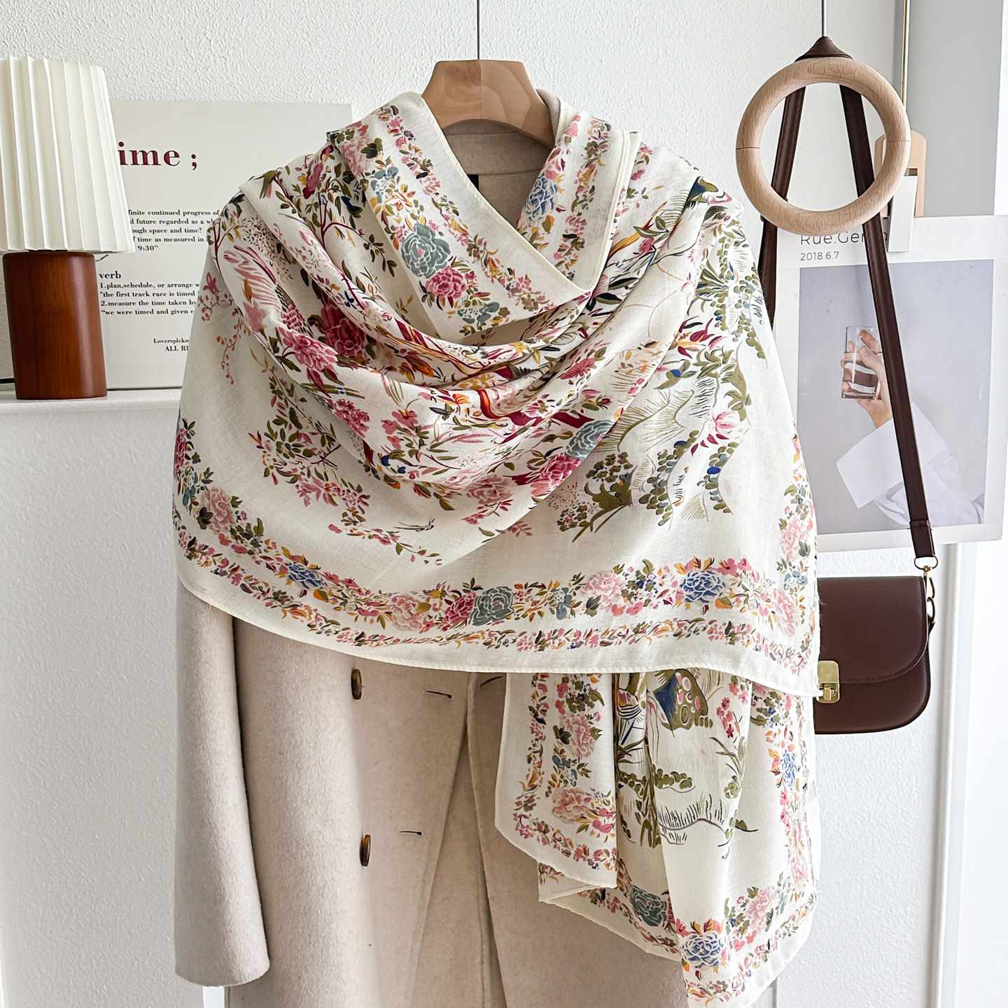 Beige Floral Cotton and Linen Silk Scarf for Women, Pastoral Style, Versatile Travel Photo Taking, Large Size Scarf and Shawl for Mother, Thin Style