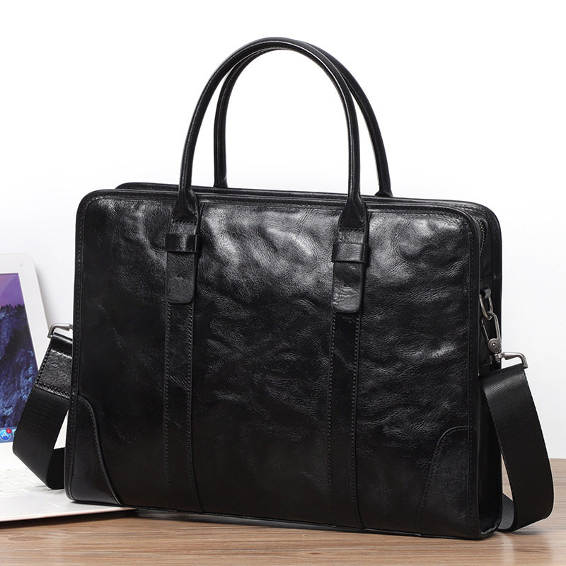 Túi xách tay nam da bò thật công sở đựng laptop 14 inch, 38×8×28 cm — Màu Đen thuộc da bình thường bên trong màu đen, Lớp lót flannel cao cấp, Lớp lót nỉ flannel cao cấp cầm tay màu đen