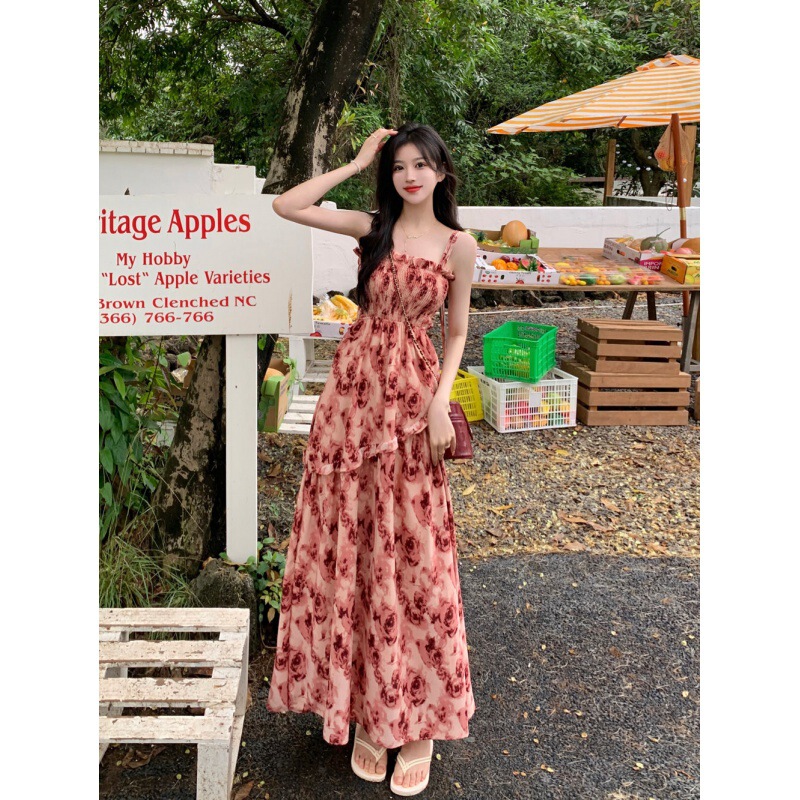 French style long dress 2024 Summer new Japanese style elegant waist-tight dress retro rose floral suspender dress