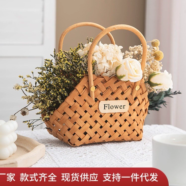 Ins Маленькая Цветочная корзина Бамбуковая тканая корзина Вставка из сушеных цветов Украшение для пикника Тканая корзина из ротанга 1