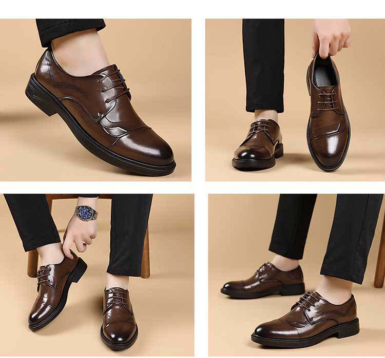 Giày da nam công sở mũi nhọn dây buộc phong cách Anh, đế thấp — màu nâu, đen chi tiết 20