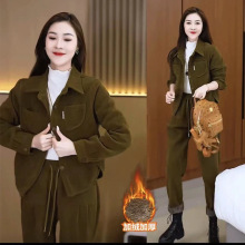 加绒加厚复古时尚灯芯绒套装女秋冬新款大码洋气休闲外套两件套潮