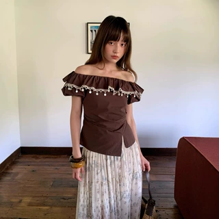 诠释美 NEWOPEN 25夏法式重工贝壳一字荷叶边两穿短袖衬衫女S5392