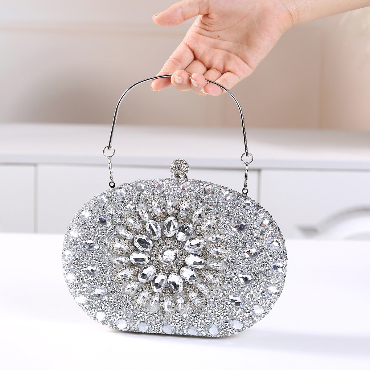 337g Weight Polyester Lining Material Lock clasp Closure Type Top Handle Strap Type Evening Bag Bags Type Party Occasion Pu Leather Material Printing Pattern All Seasons Season Women's Gender Diamond Design Elegant Style Oval Shape Small Size Pu Leather Printing Oval Evening Bags 6