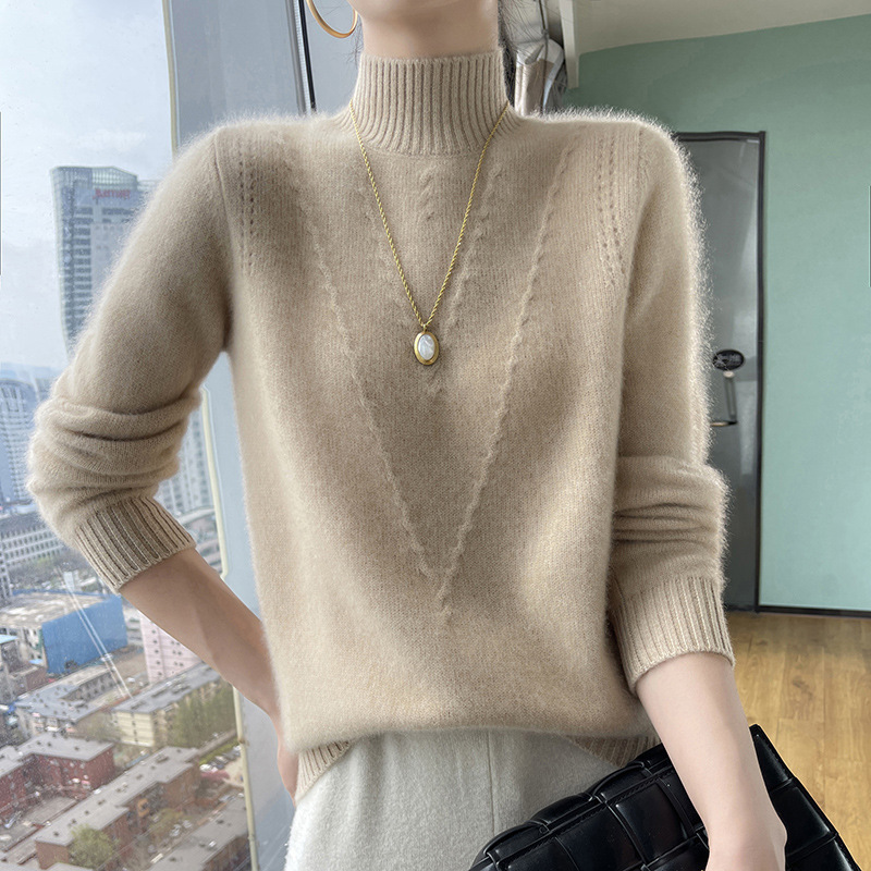 Cross-Border Autumn and Winter New Style V-Neck Jacquard Half-Turtleneck Sweater, Thick Loose Knitwear for Women, Chic Early Spring Top