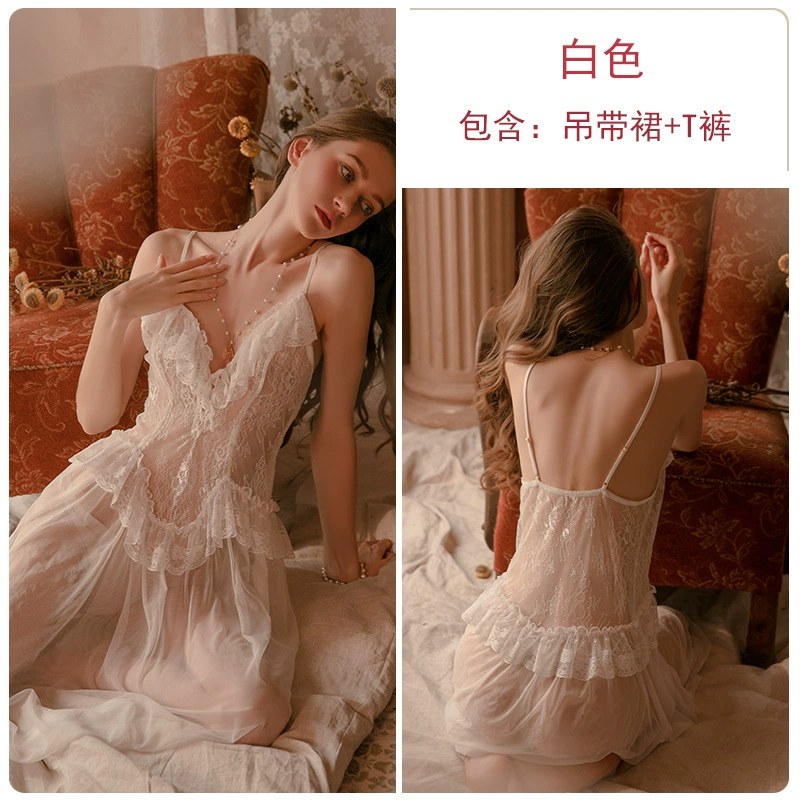 Демисезонный длинный набор пижамы (GuiRuo) — кружевное тюлевое roupa и юбка с подтяжками, легкий