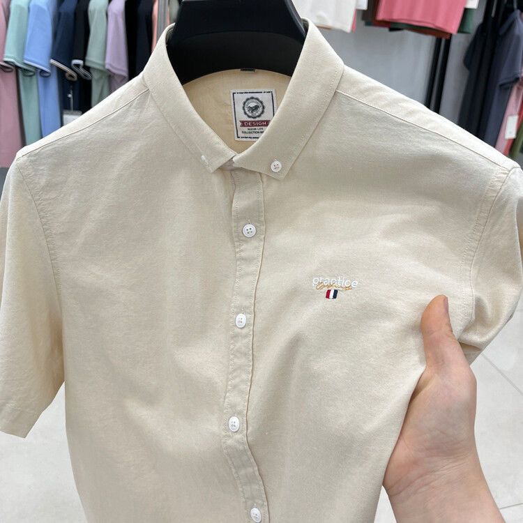 Foreign Trade Tail Single 100 Cotton Shirt Men's High-end Short-sleeved Casual Solid Color Embroidered Men's Shirt Summer Top