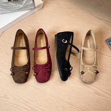 跨境外貿加工定制法式復古絨面單鞋女蝴蝶結一字帶平底瑪麗珍鞋