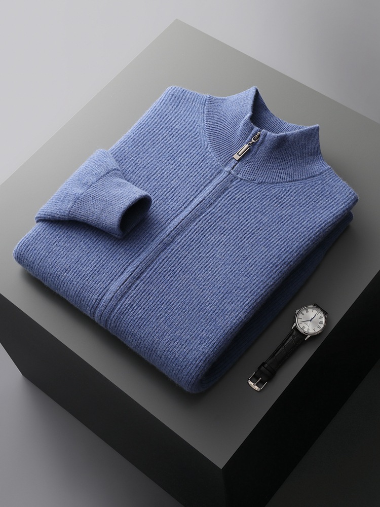 단색 풀 울 카디건 남성용 수직 칼라 지퍼 캐시미어 스웨터 가디건 가을과 겨울 느슨한 니트 자켓
