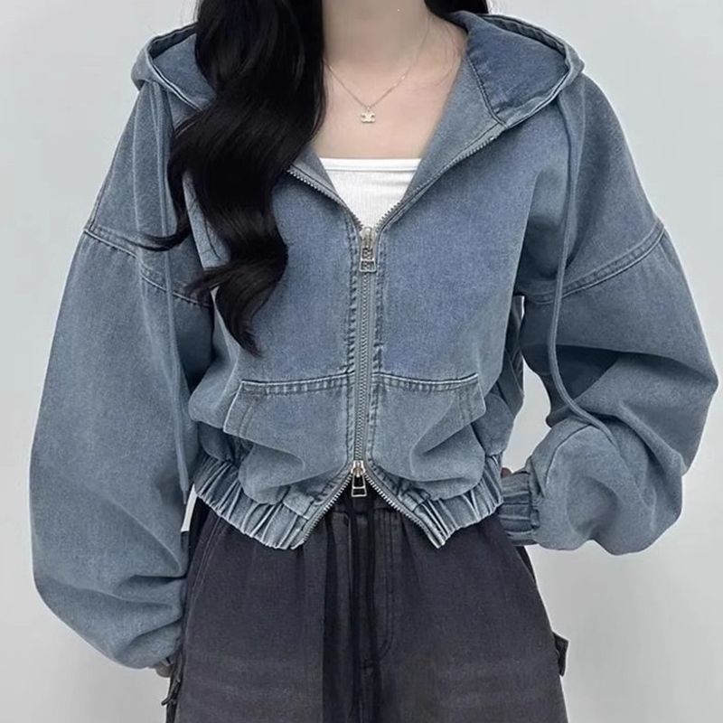 Chic Spring/Autumn Hong Kong Style Loose Casual Short Long Sleeve Hooded Denim Jacket for Women Manufacturers