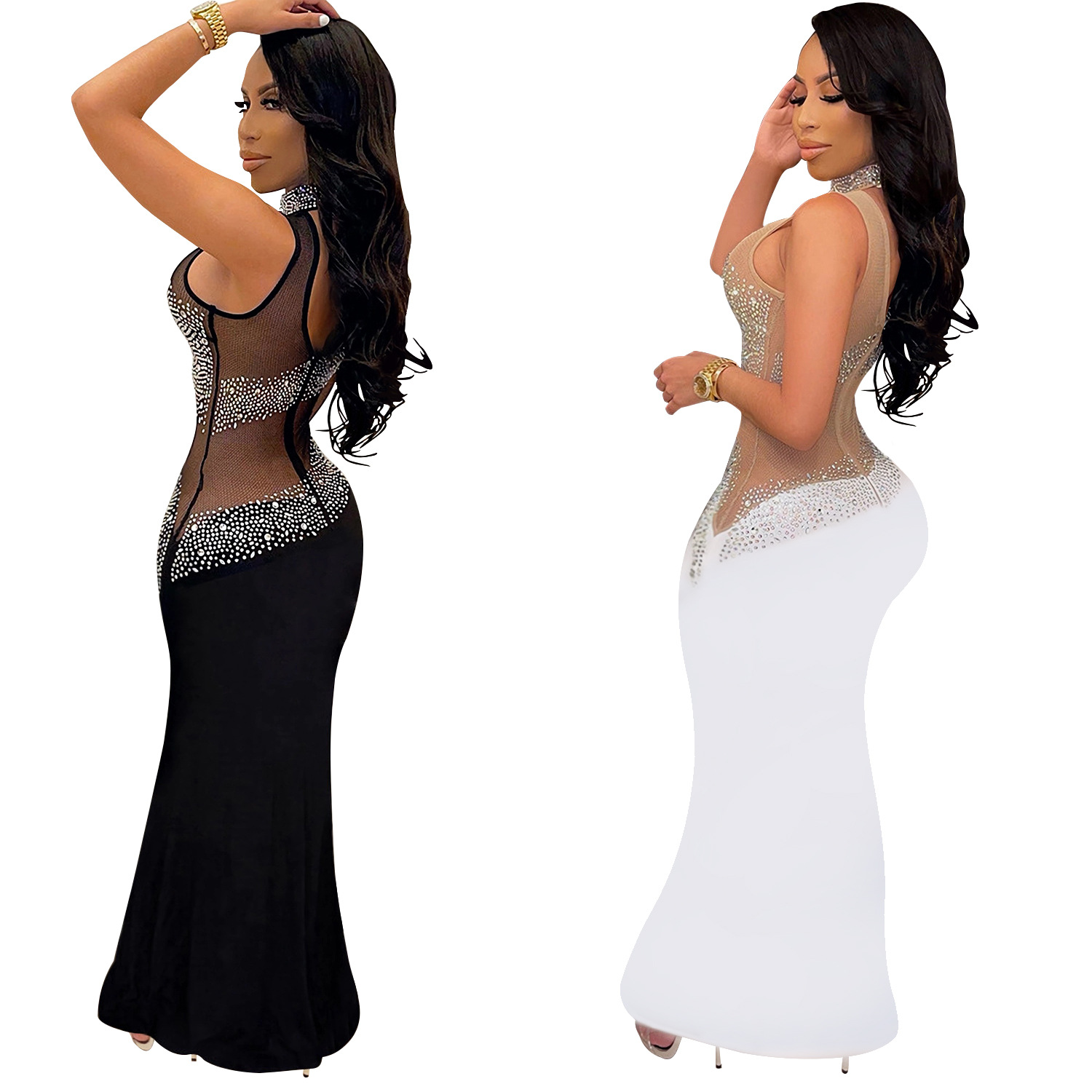 C7018 Aliexpress transfronterizo Amazon estación independiente de moda europea y americana ropa de mujer de malla de diamante caliente vestido sin mangas nuevo image 6