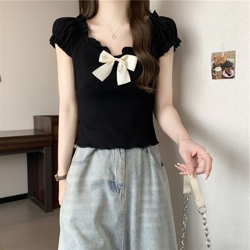 Sweet and Spicy One-Shoulder Puff Sleeve Bow-Knot Knitted Women's Summer Slim-Fit Short Top