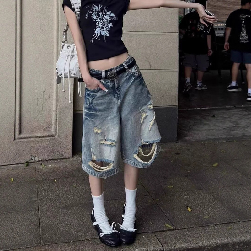 Ripped Denim Shorts for Women 2025 New Summer American Style High-Waisted Loose Knee-Length Straight Mid-Length Shorts