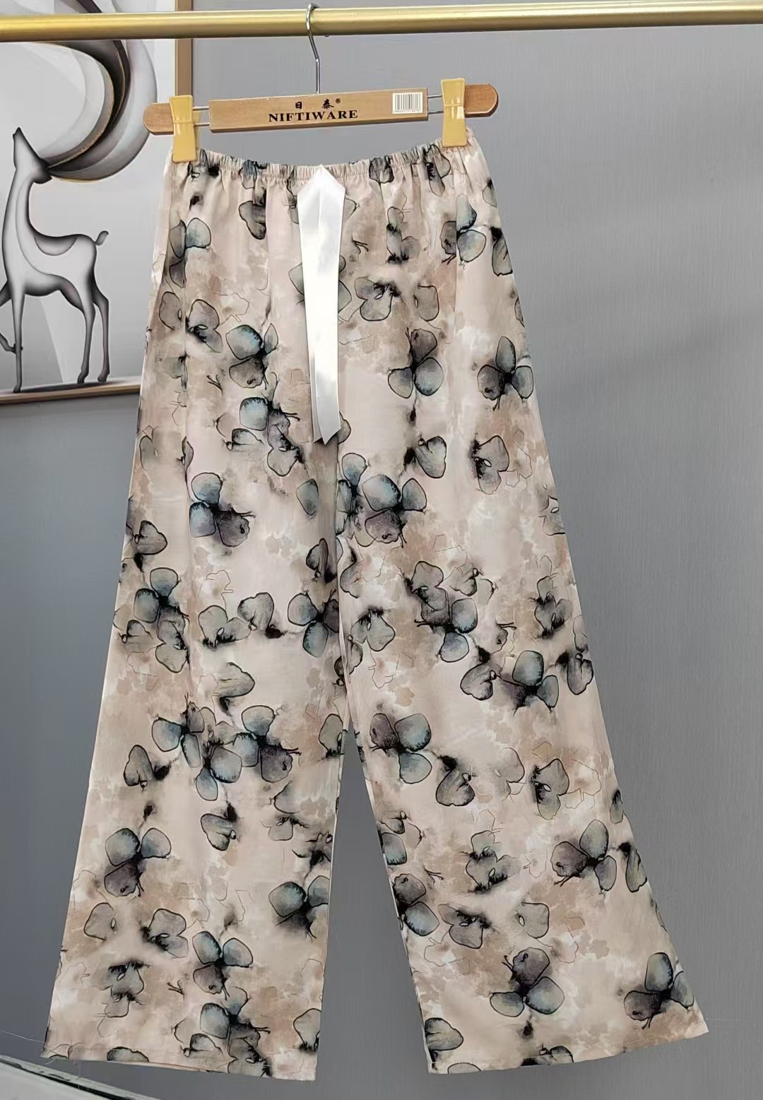 Pijama de seda de algodón para mujer, pantalones anchos de mujer embarazada de seda de algodón con estampado fino de verano