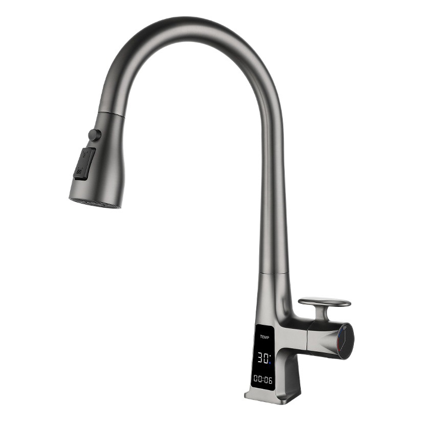Uno por uno baño inteligente pistola gris cocina pull-out grifo caliente y fría pantalla digital fregadero balcón grifo