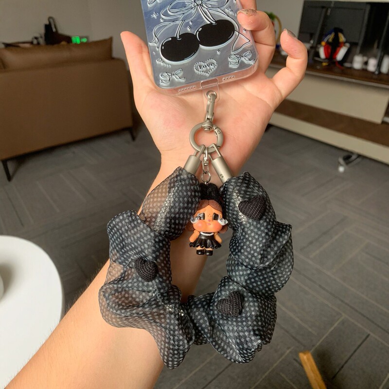 Black polka dot hair tie phone chain keychain pendant, cute crying phone chain decorative accessory