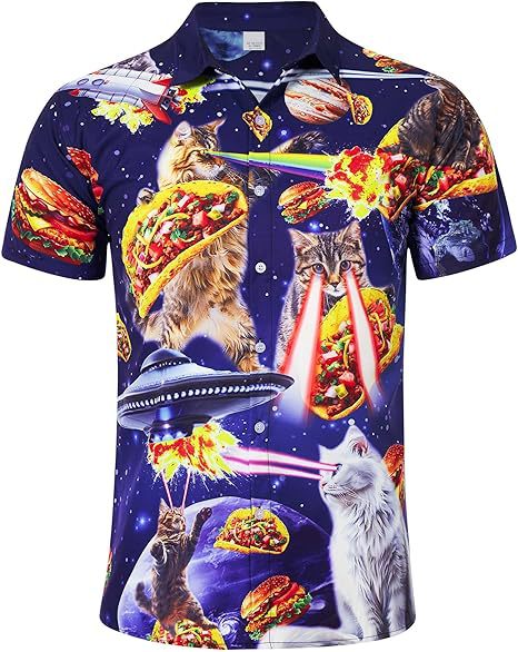 Venta caliente transfronteriza europea y americana, linda mascota gato estampado 3D, camisa hawaiana de manga corta con botones sueltos en la calle principal para hombres