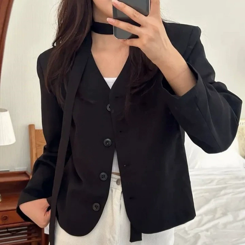 Корейский шикарный весенне-осенний однобортный свободный повседневный универсальный костюм с длинными рукавами в стиле ретро с v-образным вырезом на шнуровке, короткая куртка для женщин