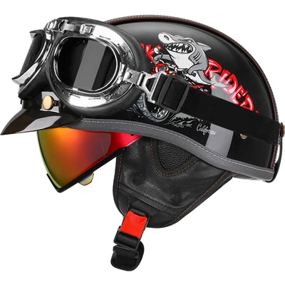 Helmet Japanese Scoop Helmet, Motosiklet kaskı (dəbilqə) - bright-black-shark-bully-aurora-red-mirrorsilver-frame-mirror-m