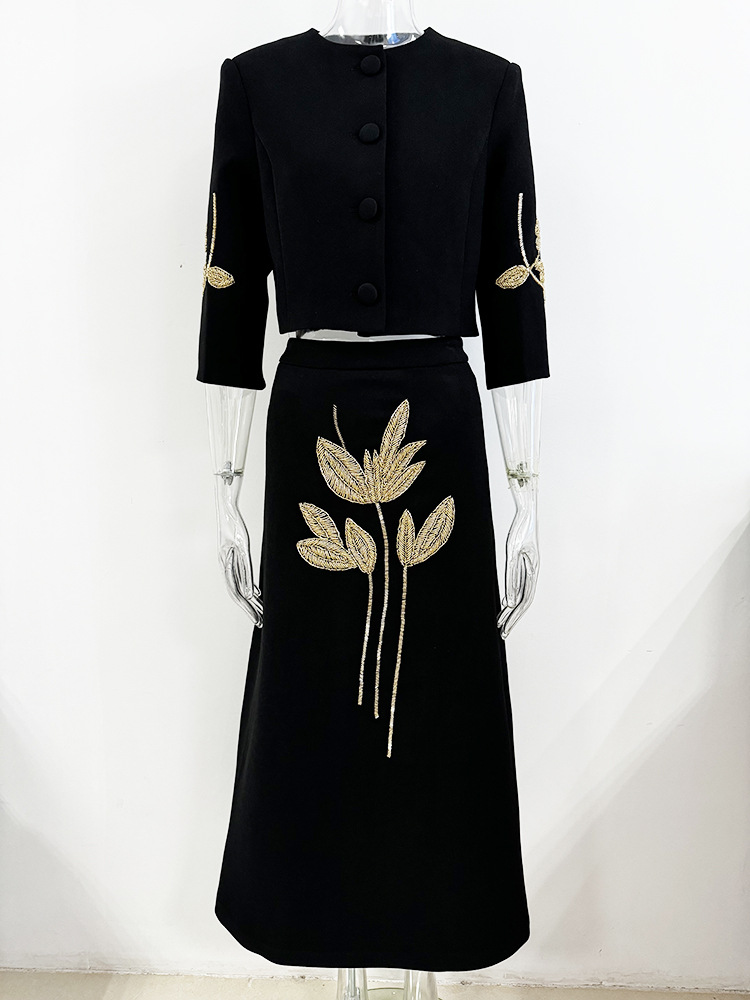Floral Heavy Industry Beads Three Quarter Sleeve Jacket Coat Mid Length Skirt Set