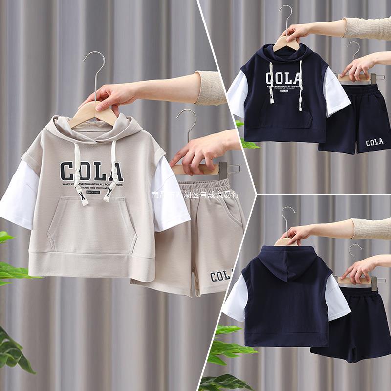 Children's Short-sleeved suit Summer Baby's Fake Two-piece Sweat Hooded Boy's Summer Cotton Two-piece Sports Tide