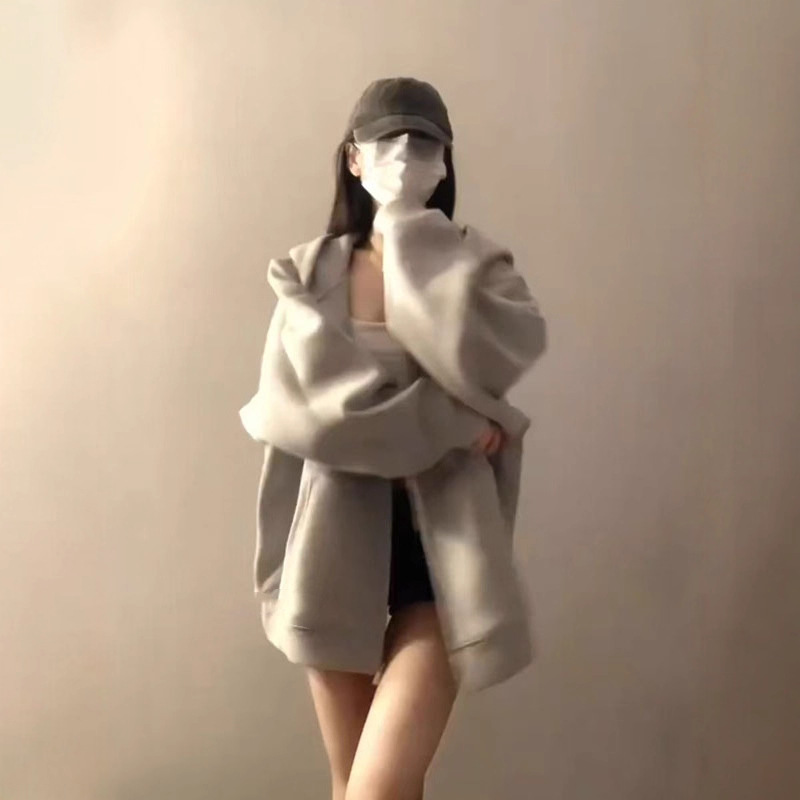 连帽卫衣女春秋oversize薄款拉链开衫外套宽松韩系慵懒chic风上衣|undefined